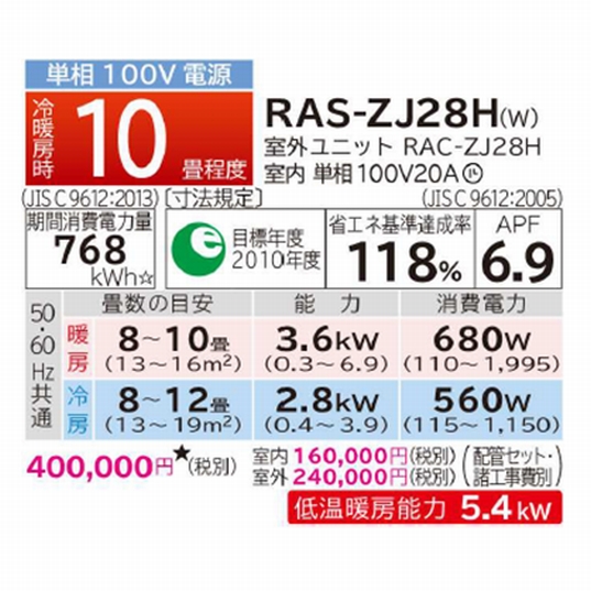 お買い得《数量限定１台》日立エアコン白くまくん RAS-ZJ28H(W) 10畳程度　単相100V（本体のみの販売になります。配管セット・設置工事は工事店に依頼してください。）