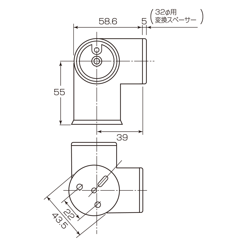 35φ・32φ兼用カバー式コーナーエルボ D-265