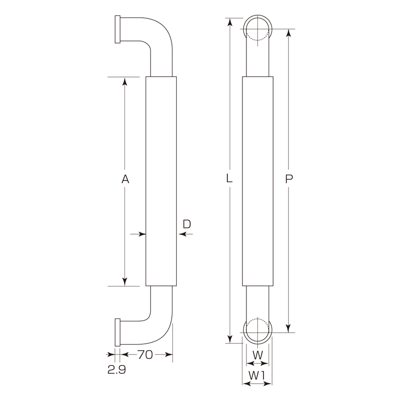 ナチュラルO型ハンドル(両面用)(30φ) 450mm 鏡面ゴールド W-5000