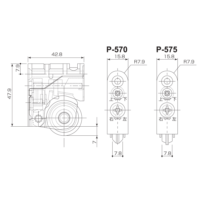 調整V戸車(上下左右調整式・ベアリング入)A型 P-570 調整Y戸車(上下左右調整式・ベアリング入)Y型 P-575