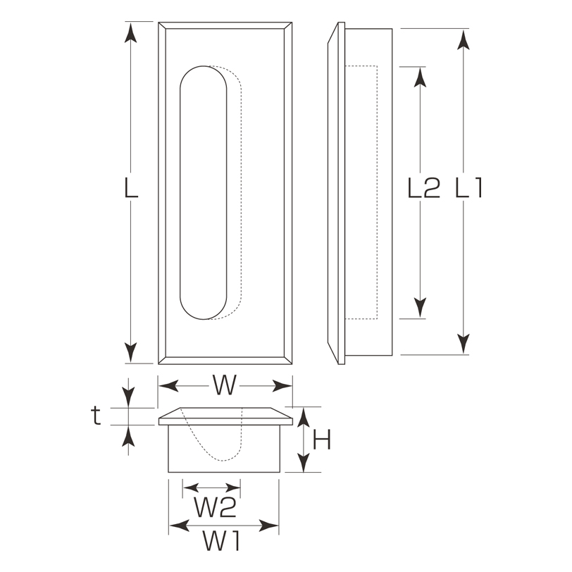 W-25 800 シラキウッド 堀込取手 W-25 800 丸喜金属 80mm L:80mm L1:72mm L2:55mm W:30mm  W1:22mm W2:12mm H:15mm t:4mm