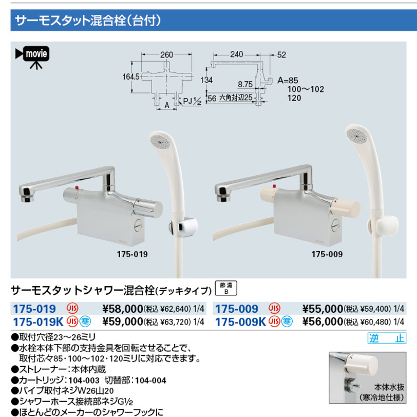 サーモスタットシャワー混合栓（デッキタイプ） 175-009~019 カクダイ 業務用建材・建築資材の通販サイト【ソニテック】