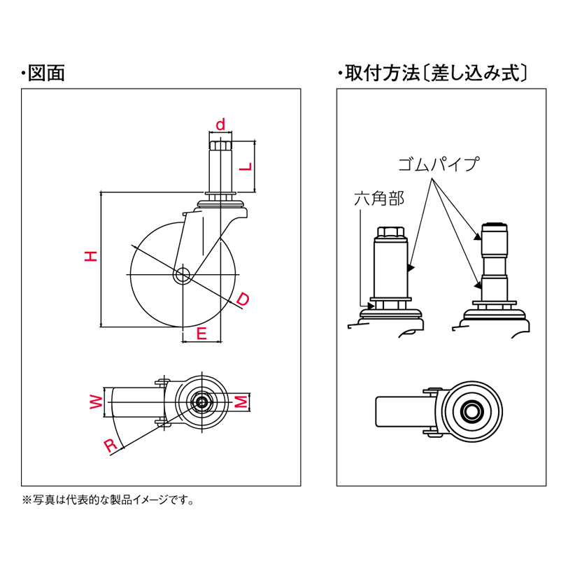 LTF-40R,φ18 Lシリーズ LTF型 自在車ゴムパイプ差し込み式 LTF-40R,φ18 車輪径D(ｍｍ) 40 ユーエイ 車輪径D(mm)  40