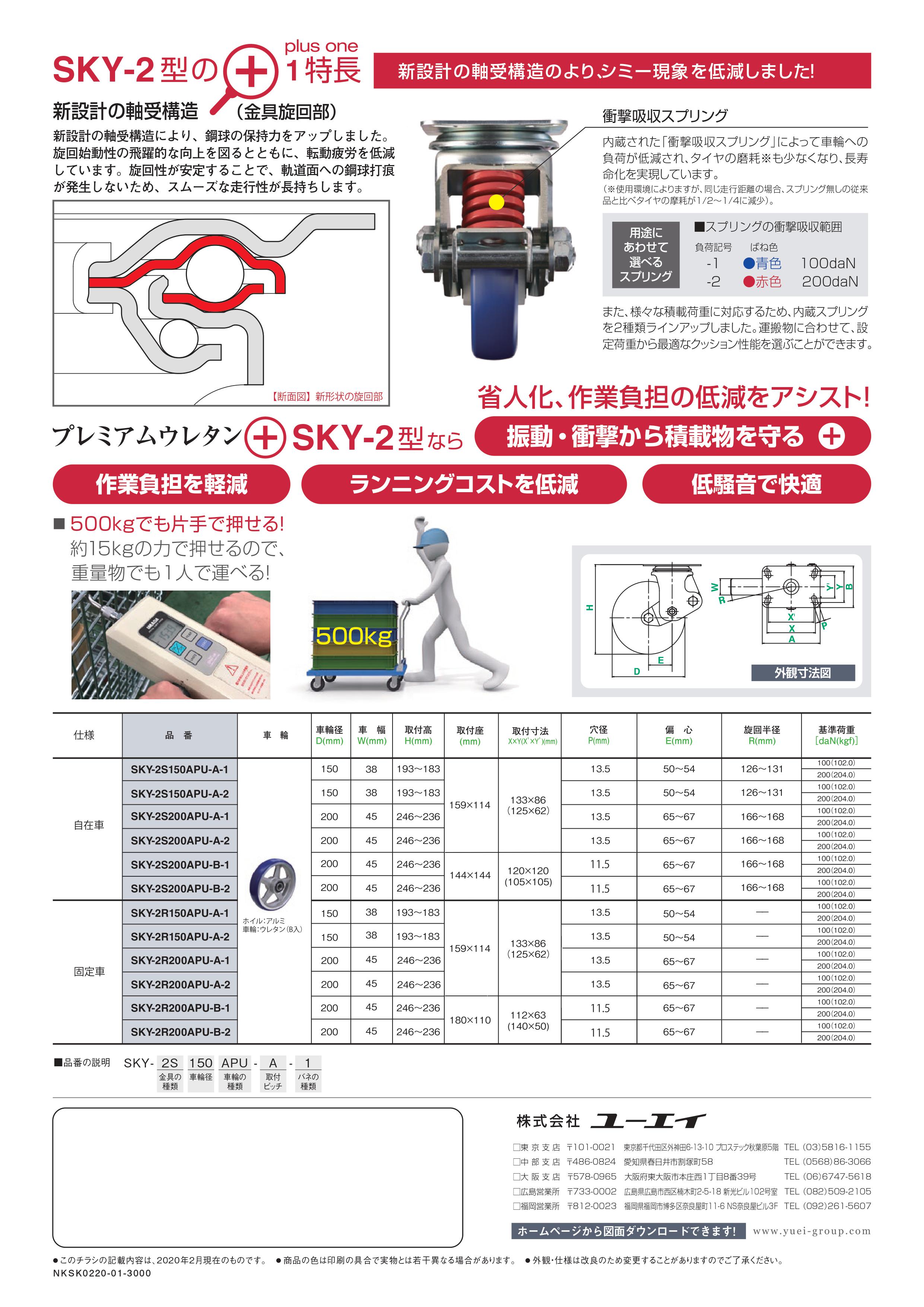 SKY-2S200APU-A-1 SKYシリーズ SKY-2S型 自在車プレート式 SKY-2S200APU-A-1 ユーエイ ばね色：青  スプリングの衝撃吸収範囲：100daN