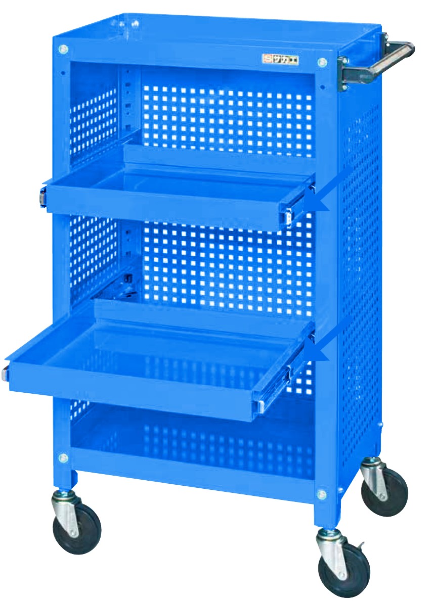 【廃盤】スーパースペシャルワゴン（パンチングパネル・スライド棚付） SSW-116S2P3BL W600×D400×H1100 均等耐荷重200kg