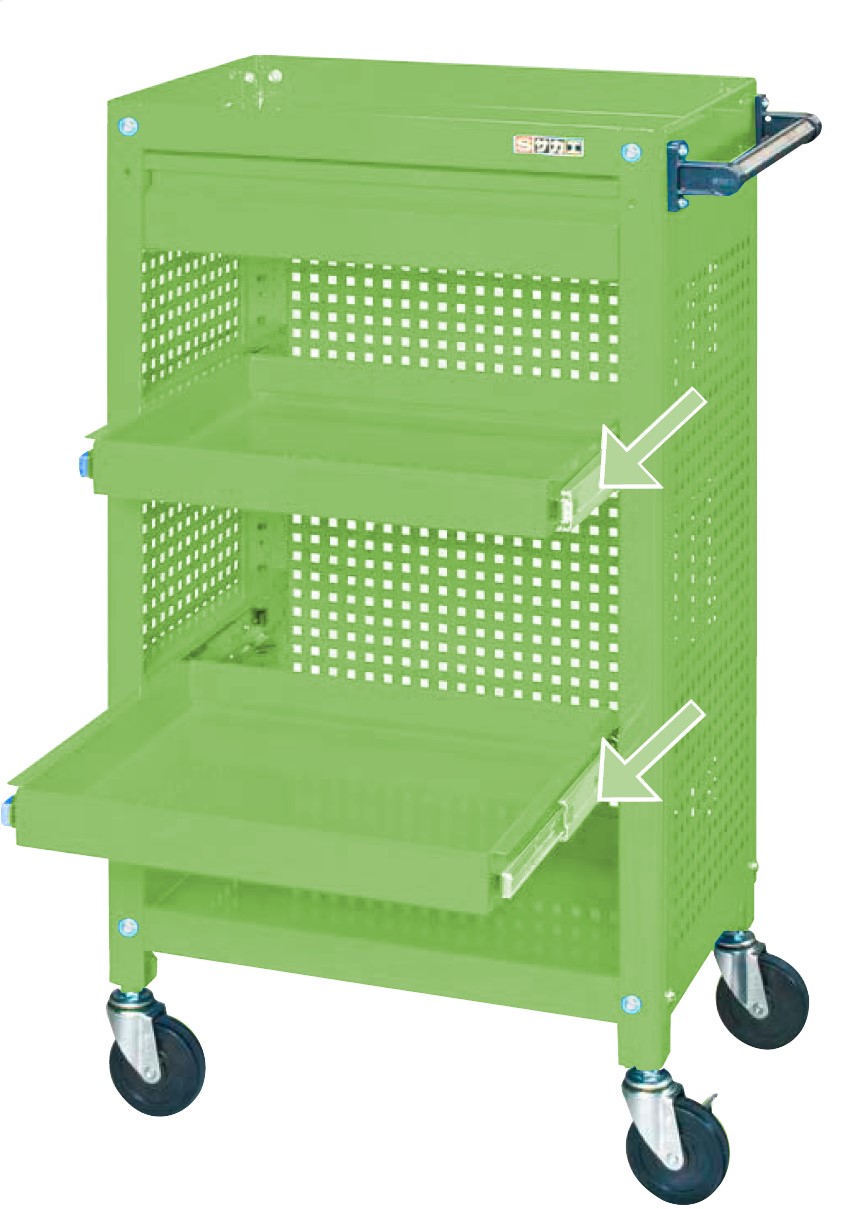 【廃盤】スーパースペシャルワゴン（パンチングパネル・引出し・スライド棚２枚付） SSW-116S2CP3 W600×D400×H1100 均等耐荷重200kg