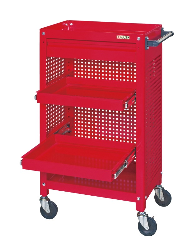 【廃盤】スーパースペシャルワゴン（パンチングパネル・引出し・スライド棚２枚付） SSW-116S2CP3RE W600×D400×H1100 均等耐荷重200kg