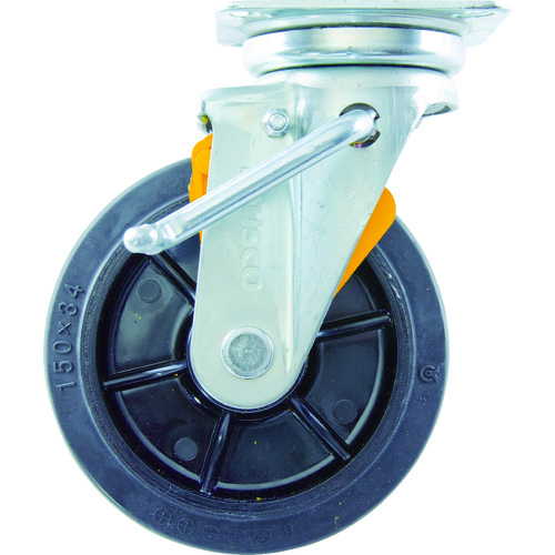 プレス製ナイロンホイールゴムキャスター 自在 右ブレーキサインプレート150Φ