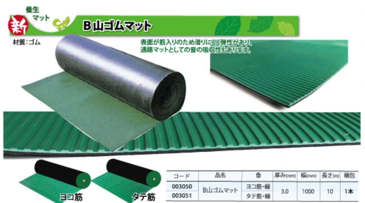 B山ゴムマット タテ・ヨコ筋 緑 厚3mm×幅1ｍ×長さ10ｍ 日大工業 業務用建材・建築資材の通販サイト【ソニテック】