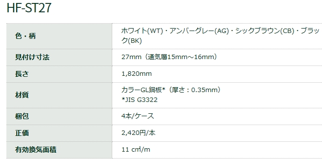 WM垂れ壁用スリムオーバーハング（鋼板製）見付け寸法27mm(通気層15～16mm) HF-ST27-AG 長さ1820mm アンバーグレー 城東テクノ 