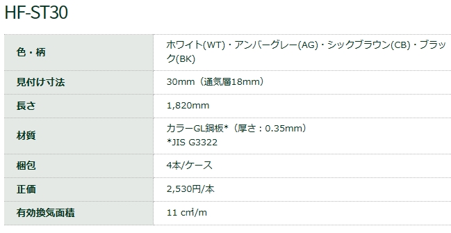 WM垂れ壁用スリムオーバーハング（鋼板製）見付け寸法30mm(通気層18mm) HF-ST30-WT 長さ1820mm ホワイト 城東テクノ  業務用建材・建築資材の通販サイト【ソニテック】