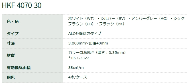 オーバーハング（鋼板製）ALC外壁対応タイプ HKF-4070-30-WT 出幅40mm×長さ3000mm ホワイト 城東テクノ  業務用建材・建築資材の通販サイト【ソニテック】