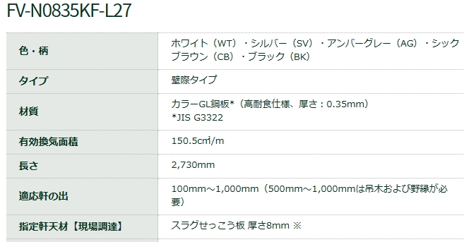 城東テクノ 防火対応軒天換気(壁際タイプ) 長さ2730mm FV-N0835KF-L27-WT - 4