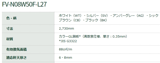 城東テクノ 鋼板製軒天換気材(軒先タイプ) 長さ2730mm FV-N06F-L27-SV - 2