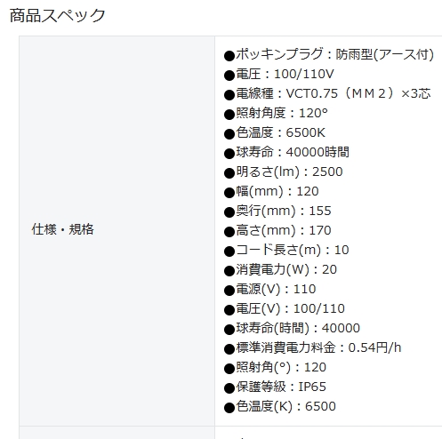 LED投光器 DELKURO 20W 10m アース付 2芯3芯両用タイプ