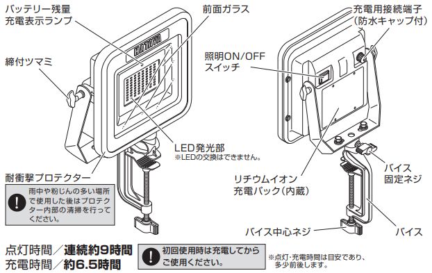 充電式LED投光器 LWK-S-V型《バイスタイプ》 ハタヤ 充電式LED投光器 LWK-S-V型《バイスタイプ》 ハタヤ