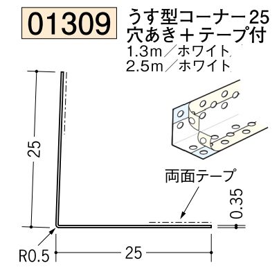 ビニール ペンキorクロス下地材出隅 うす型コーナー25(穴あき+テープ付)  長さ1.3ｍ/2.5ｍ