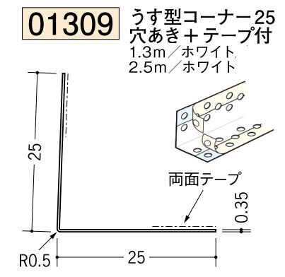 ビニール ペンキorクロス下地材出隅 うす型コーナー25(穴あき+テープ付)  長さ1.3ｍ/2.5ｍ