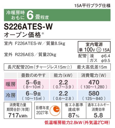 ダイキンルームエアコン S-226ATES-W【冷暖房６畳程度】