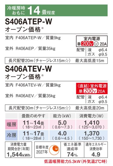 ダイキンルームエアコン S-406ATEP-W(200V)【冷暖房14畳程度】