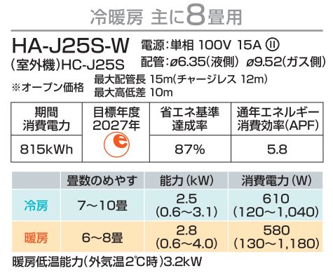 ハイセンスルームエアコン HA-J25S-W【冷暖房8畳程度】